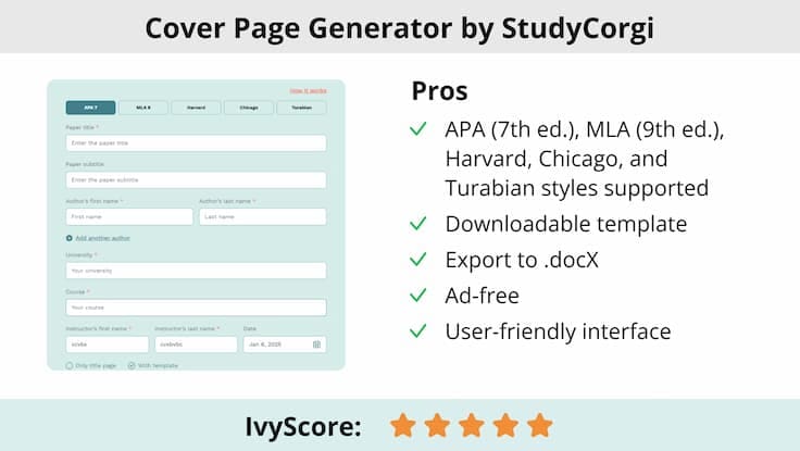 This image shows the pros and cons of StudyCorgi title page generator.